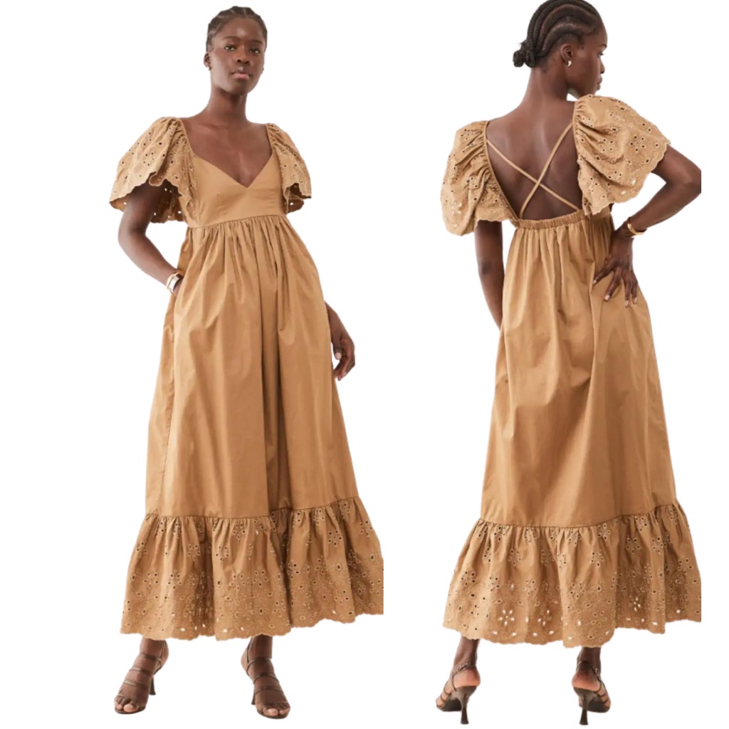 Nwt En Saison Flutter Sleeves Eyelet Maxi Dress In Natural